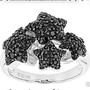 2.14ctw Round Black Spinel Rhodium Over Sterling Silver Stars Ring - Size 8